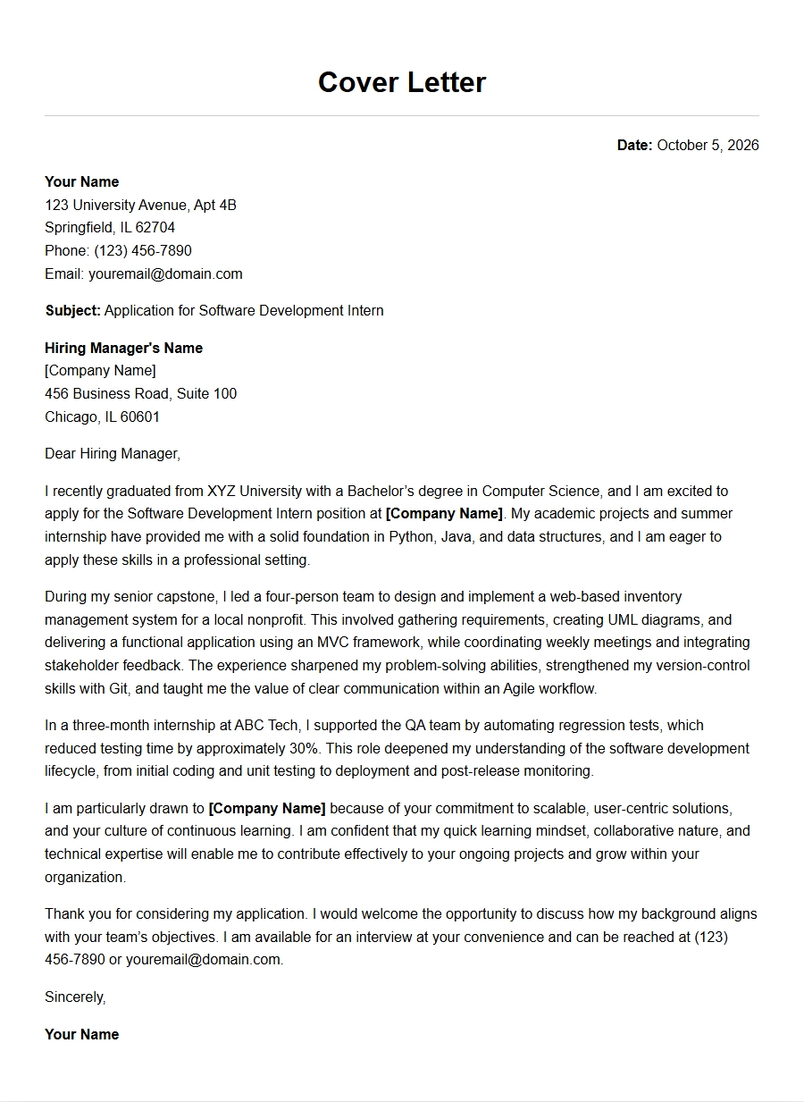 Recent College Student Cover Letter for Internship