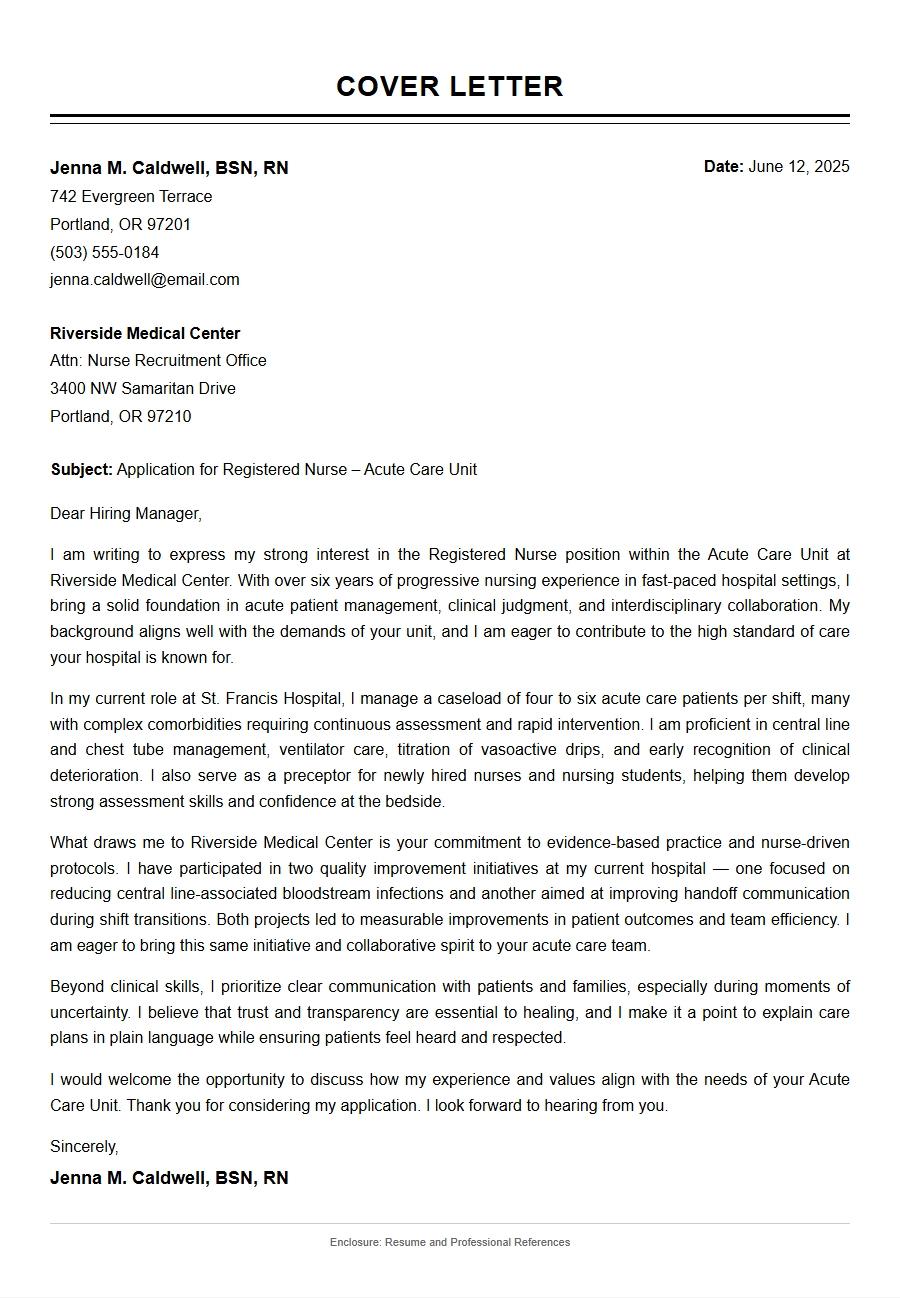 Cover Letter for Registered Nurse Acute Care Unit