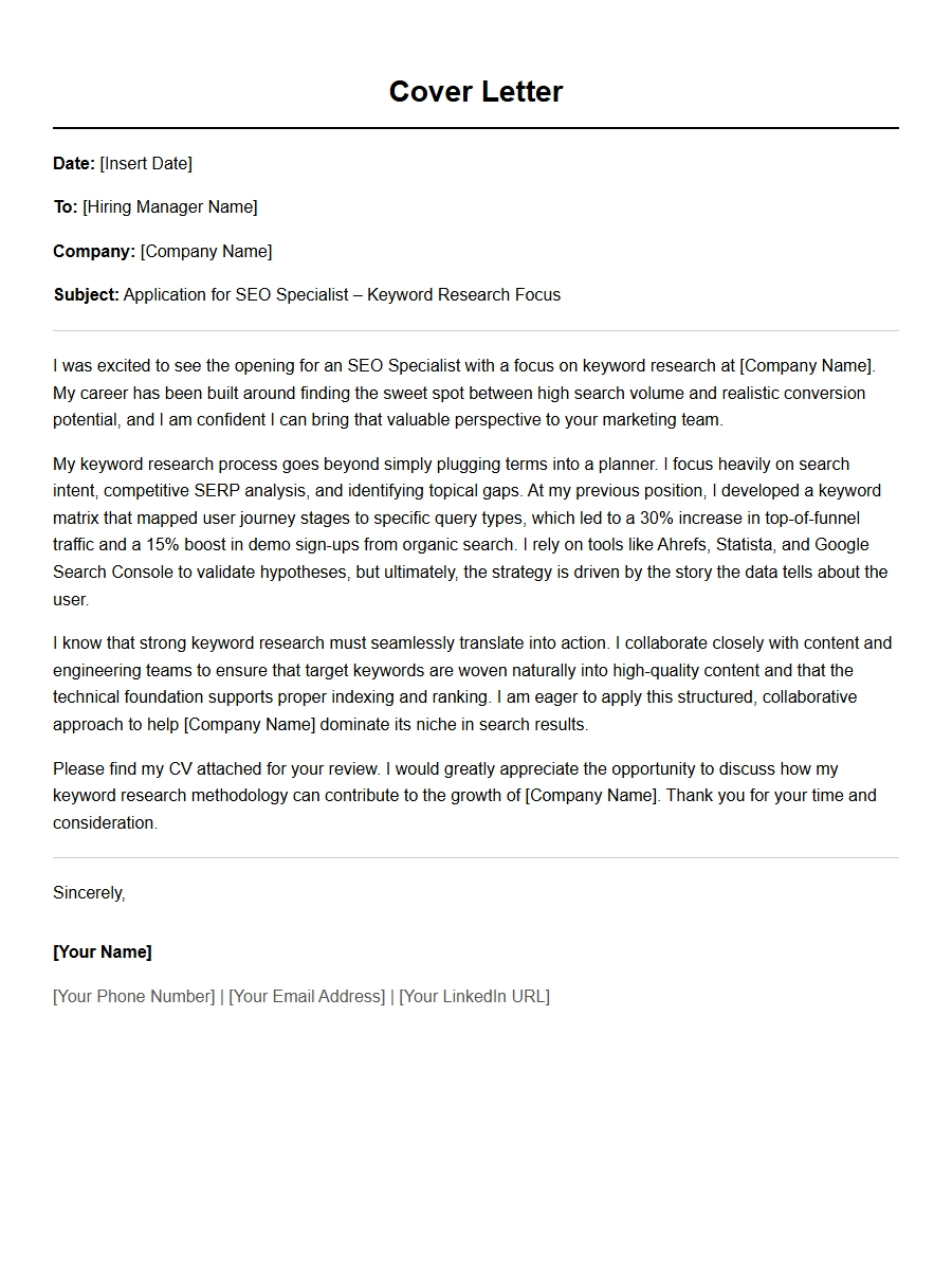SEO Specialist Cover Letter Focusing on Keyword Research