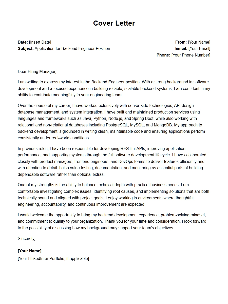 Backend Software Developer Cover Letter