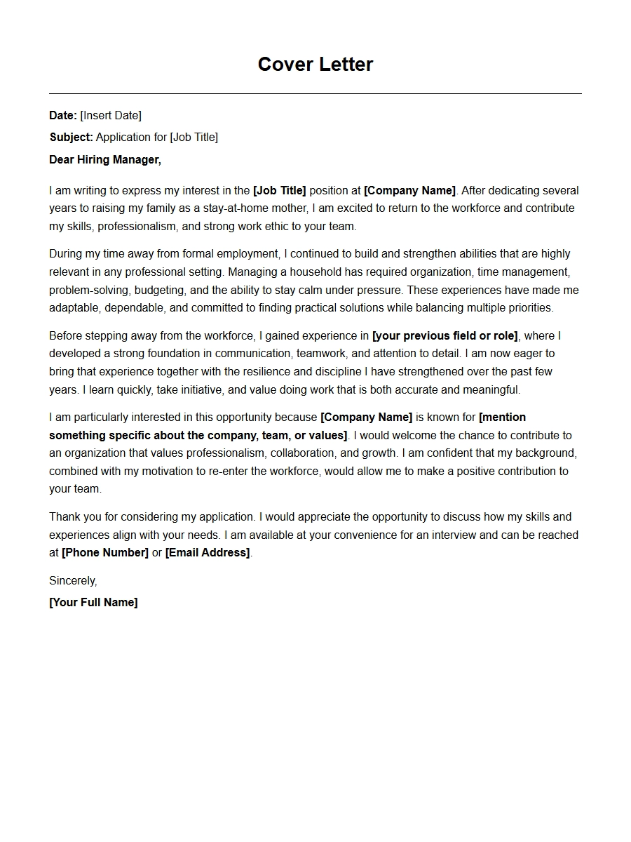 Stay-at-Home Mom Returning to Work Cover Letter