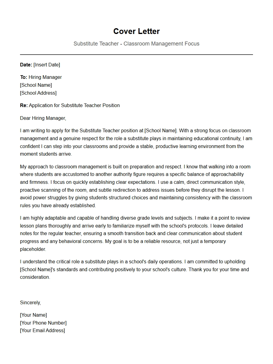 substitute teacher classroom management cover letter - Cover Letters