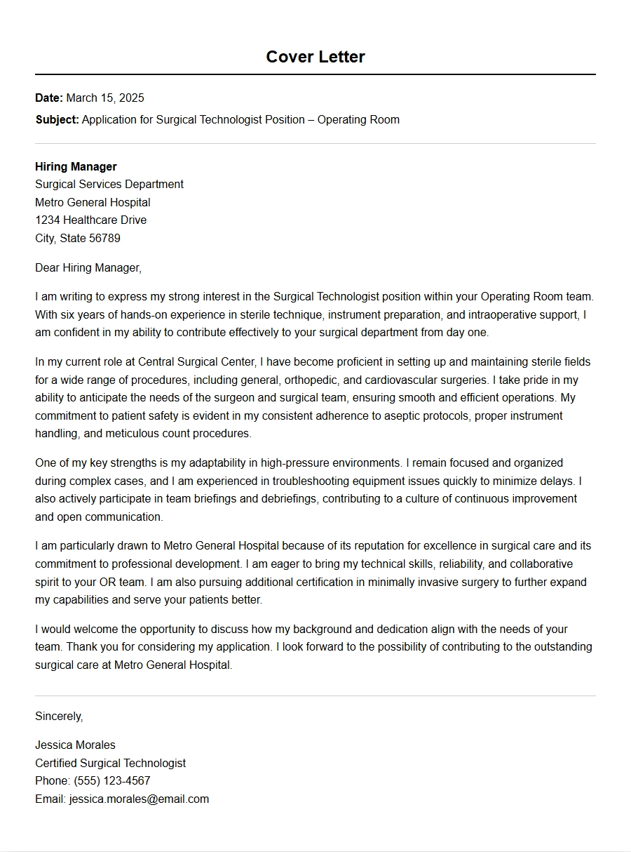 Surgical Tech Operating Room Cover Letter Example