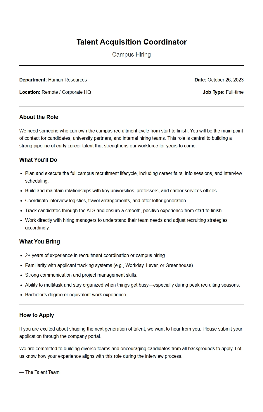 Cover Letter for Campus Talent Acquisition Coordinator
