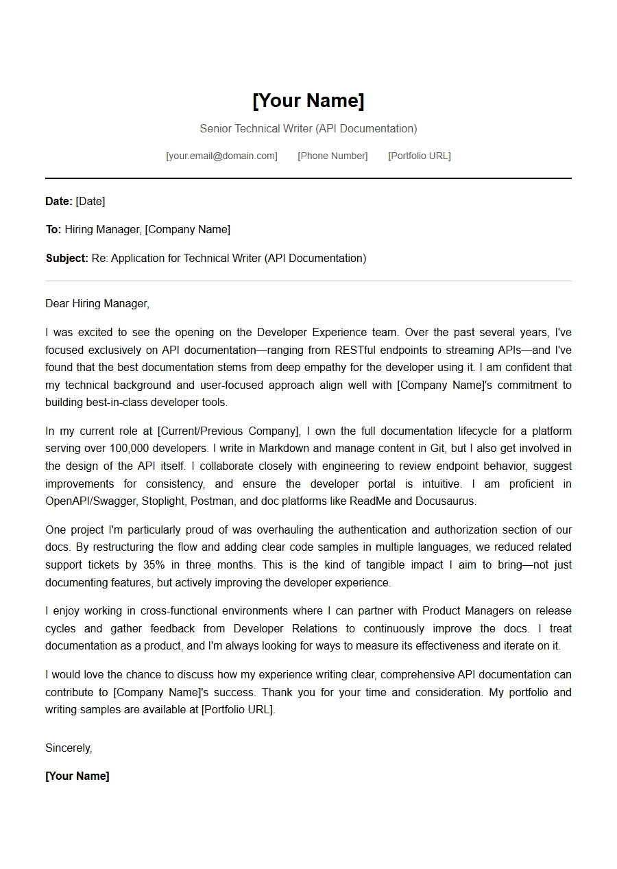 Technical Writer Cover Letter for API Documentation