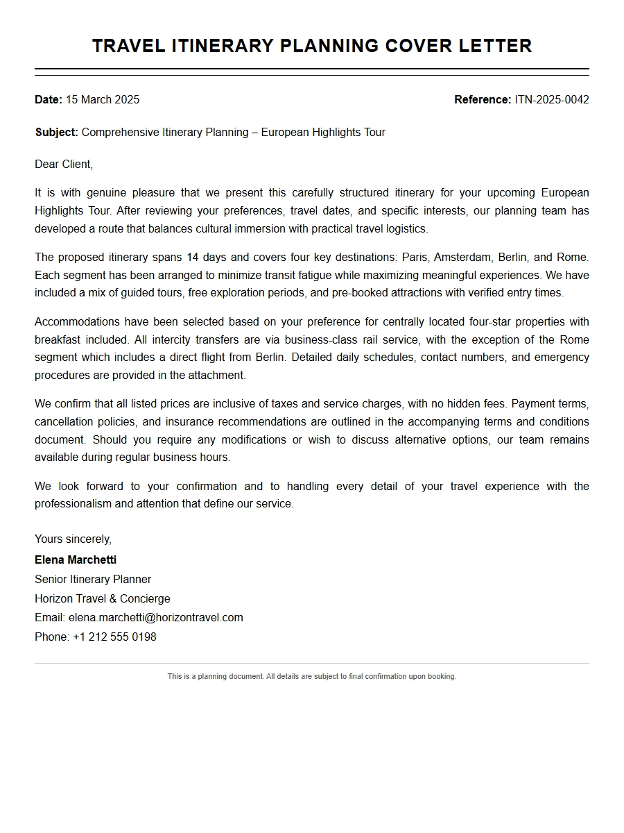 Sample Travel Agent Itinerary Planning Cover Letter
