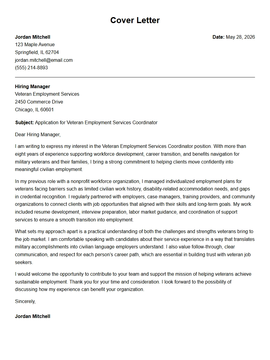 Veteran Employment Services Cover Letter Sample