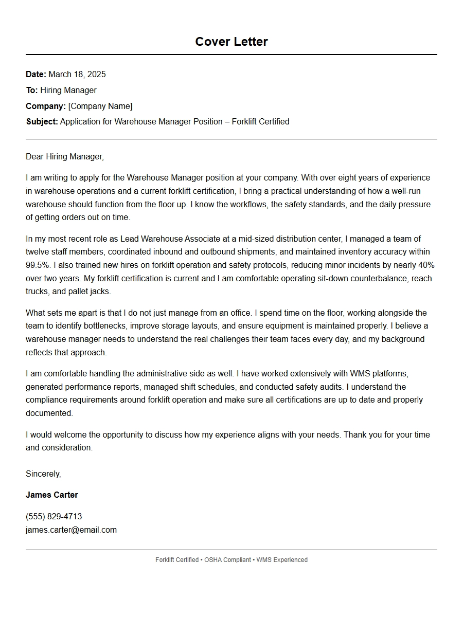 Warehouse Manager Cover Letter with Forklift Certification