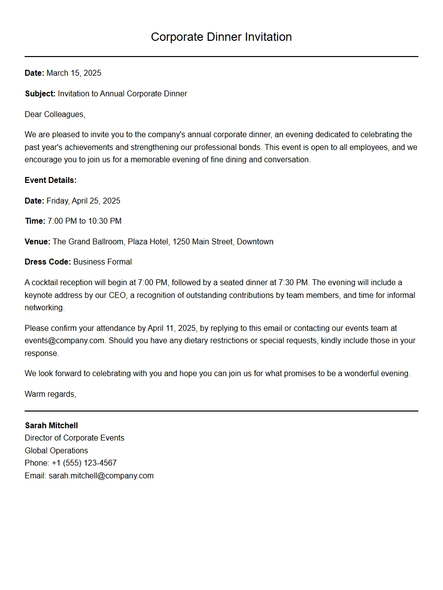 Sample Formal Corporate Dinner Invitation Email