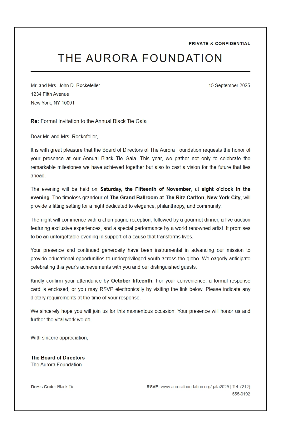 Formal Black Tie Gala Invitation Letter
