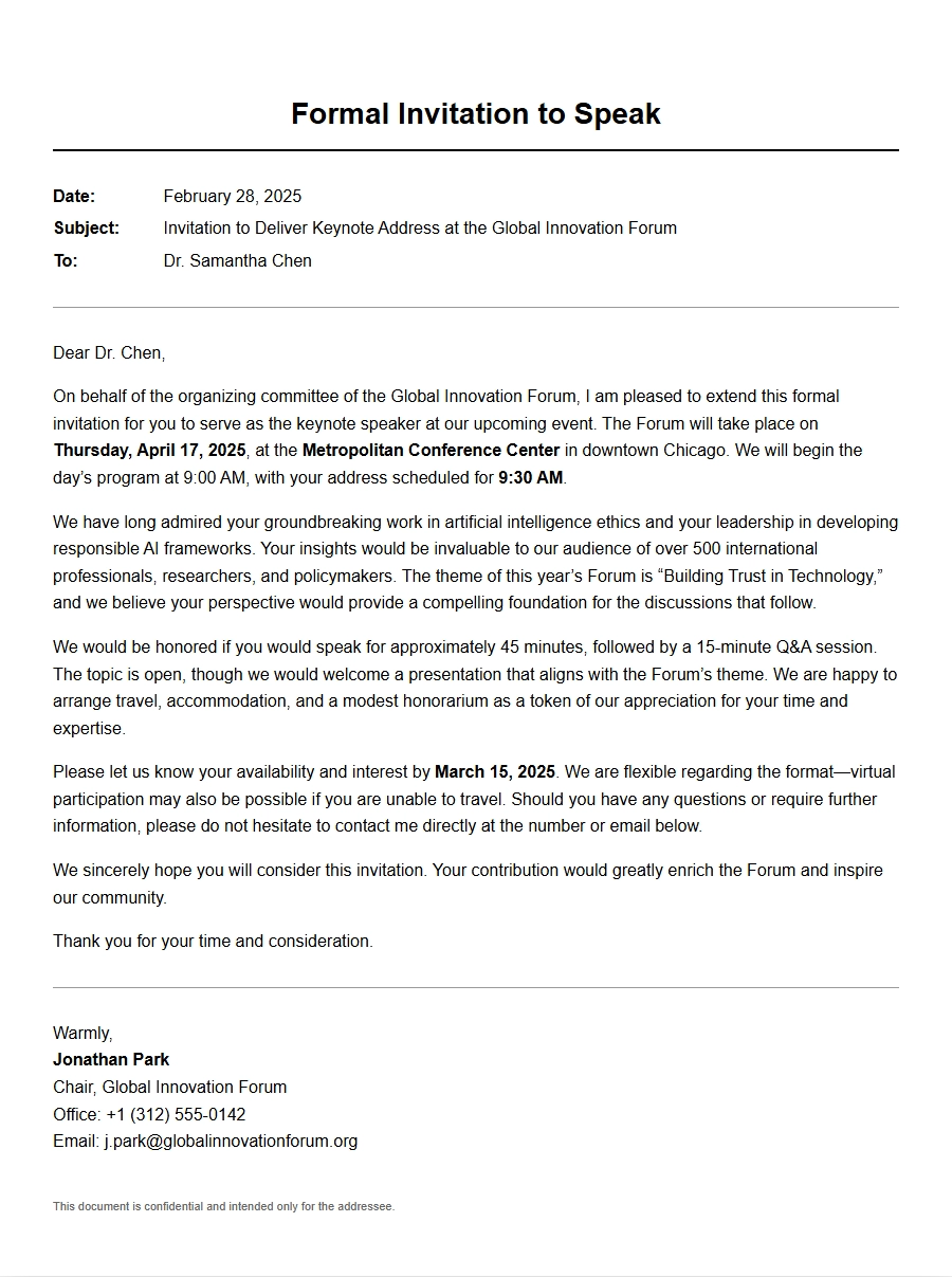 Formal Invitation Text for Speaker Appearance