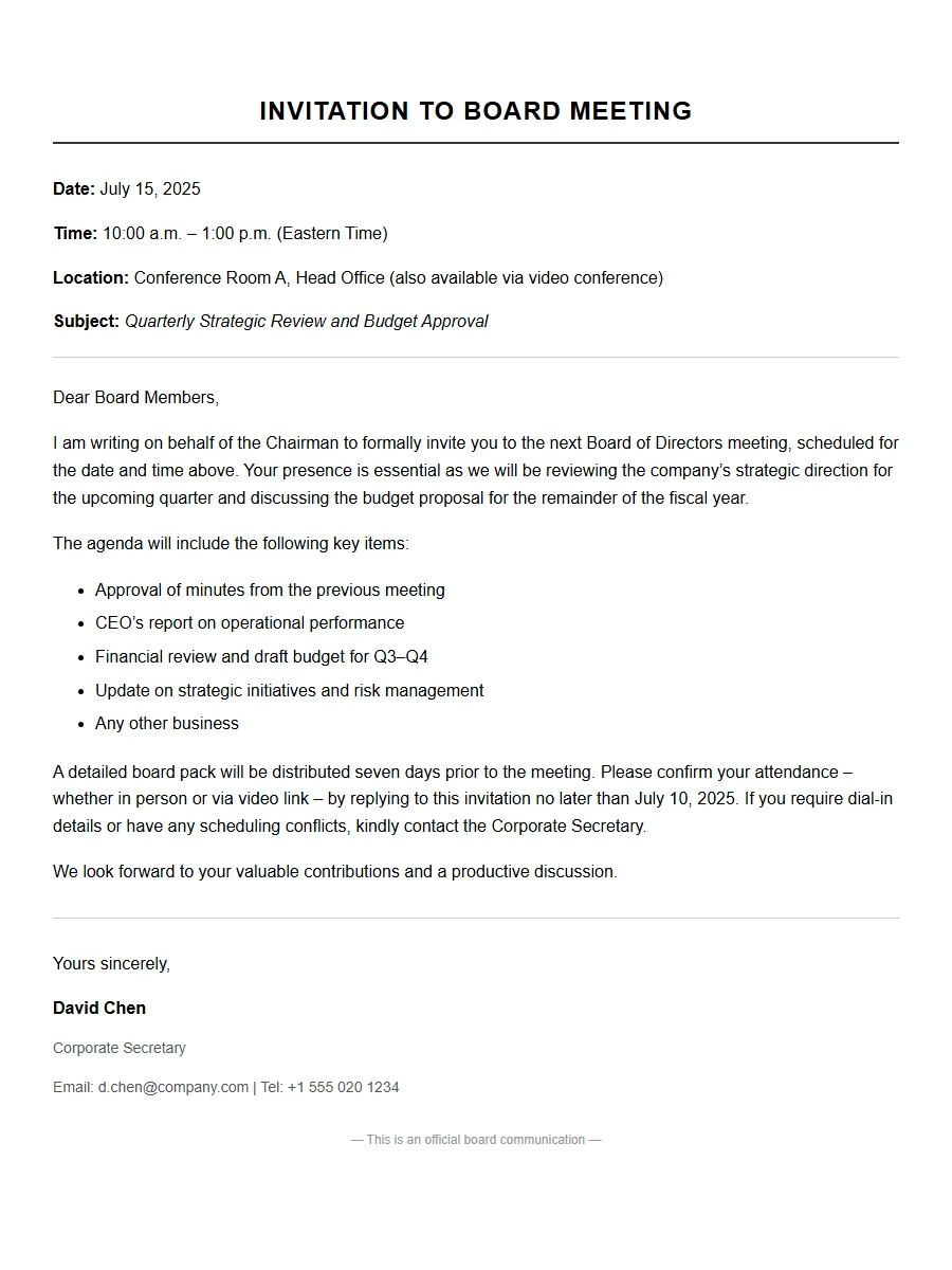 Formal Board Meeting Invitation Wording