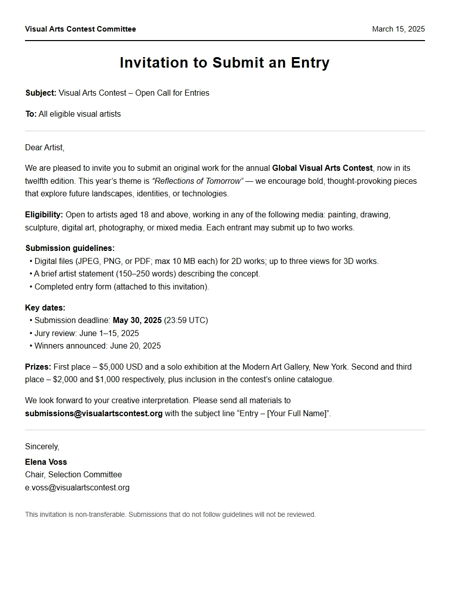 invitation draft for visual arts contest entry - Invitation Letters