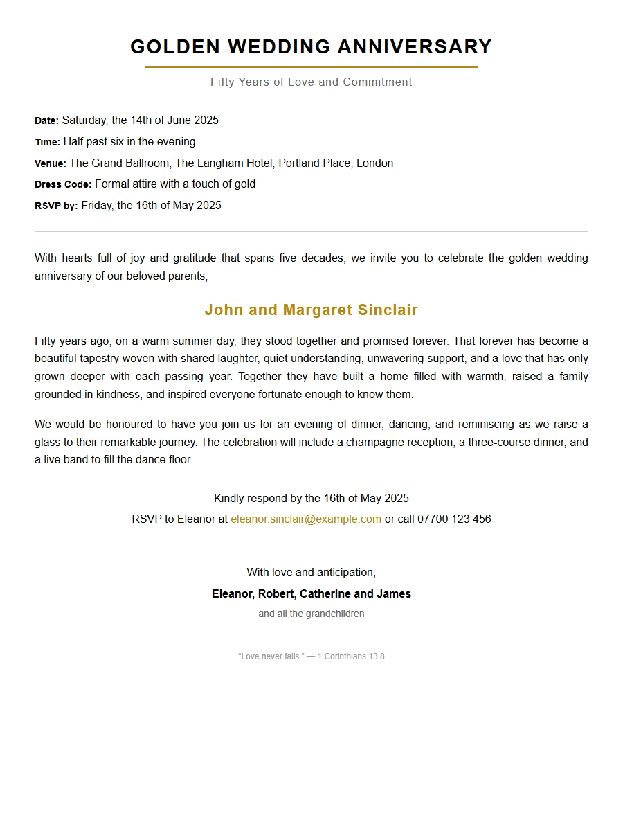 invitation letter for golden wedding anniversary - Invitation Letters
