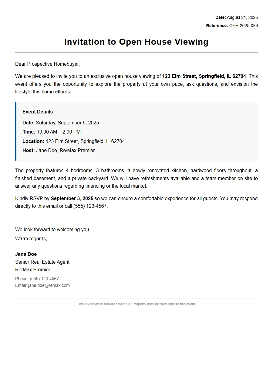 Invitation Letter for Open House Viewing