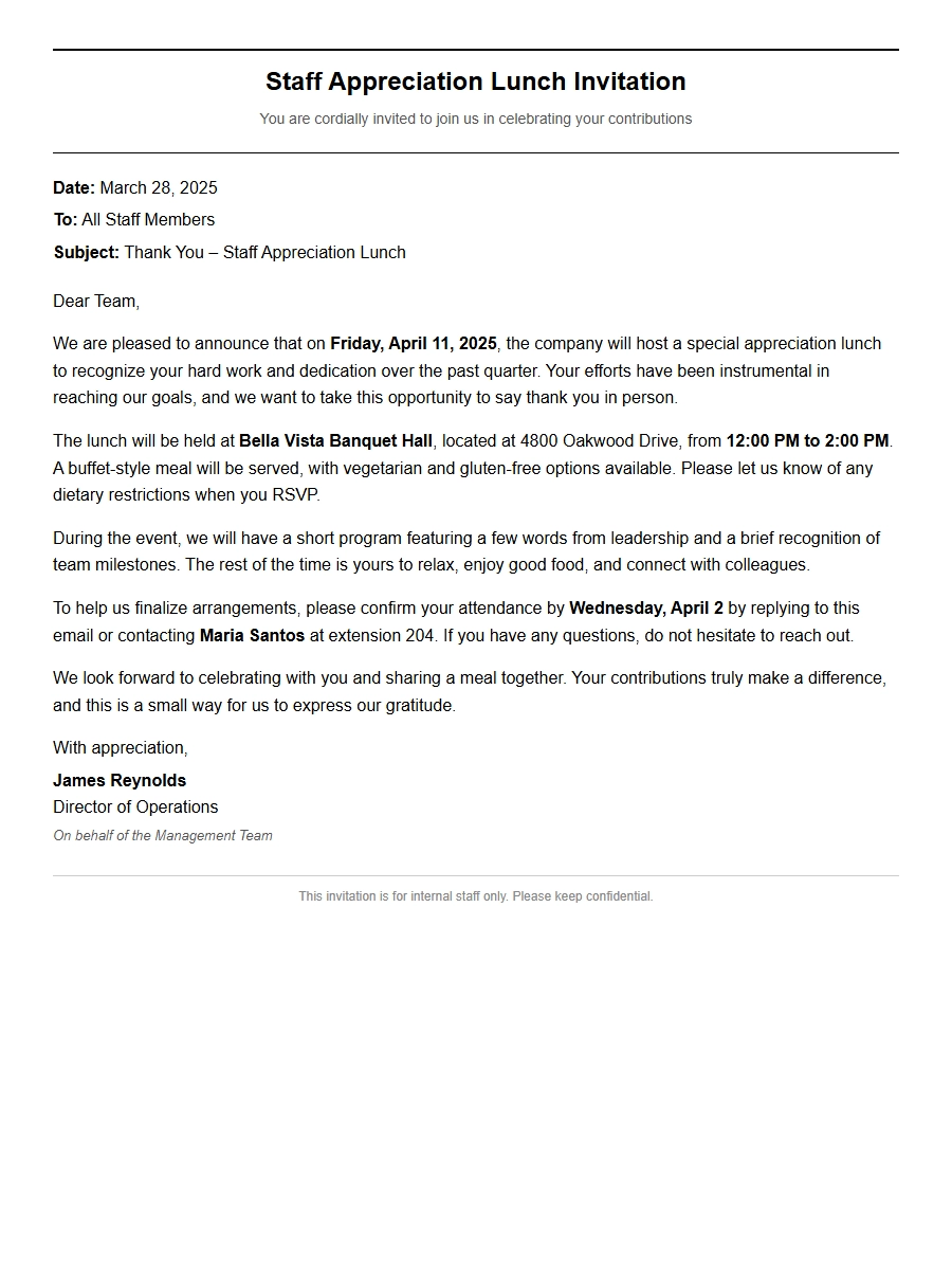 Staff Appreciation Lunch Invitation Letter