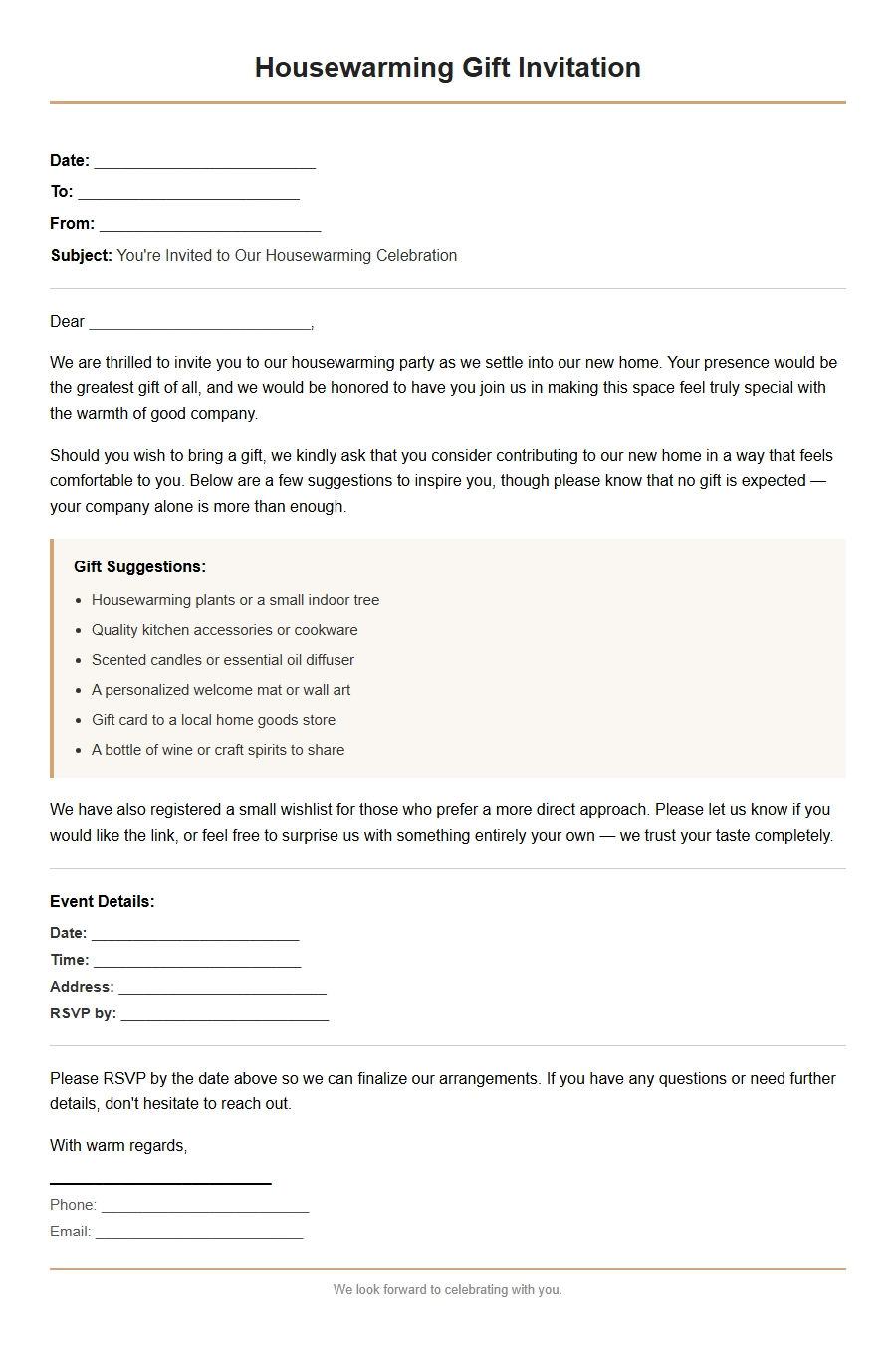 Housewarming Gift Invitation Letter Template