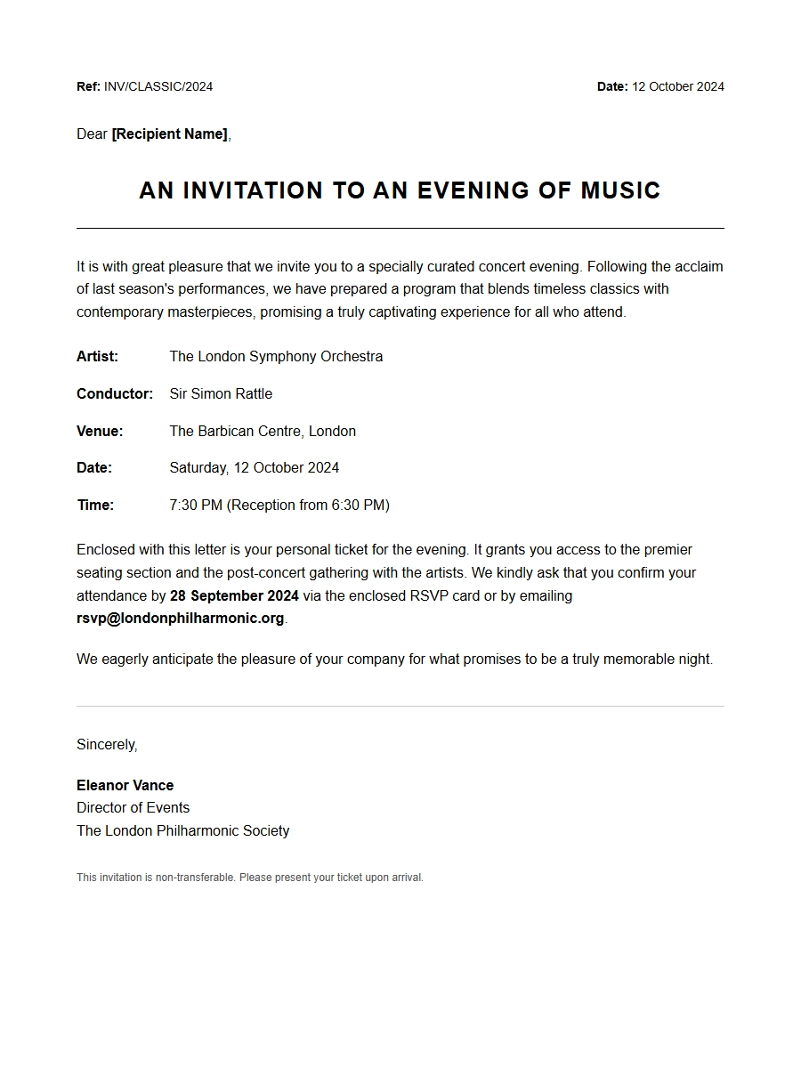 Concert Evening Ticket Invitation Text