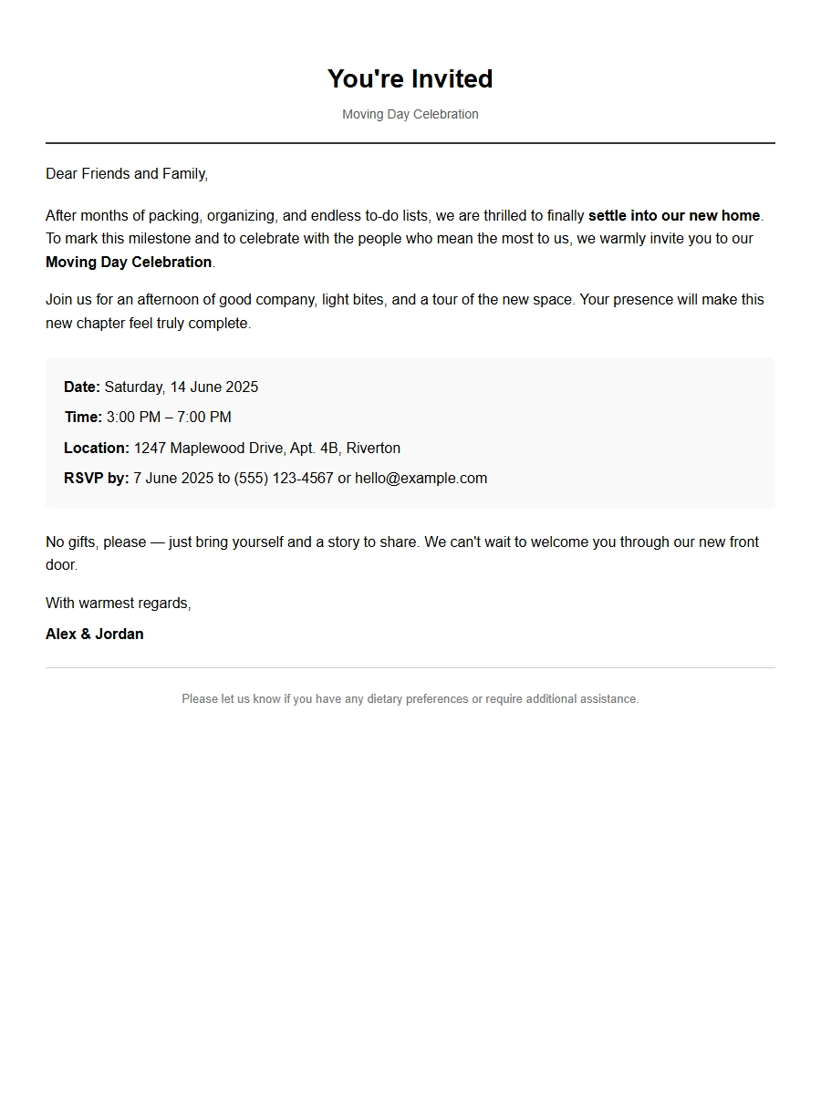 Moving Day Celebration Invitation Letter