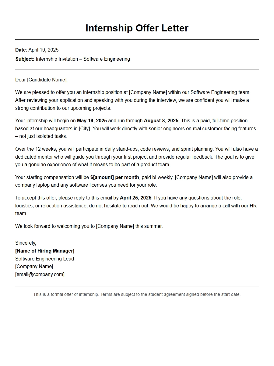 Student Internship Offer Invitation Text