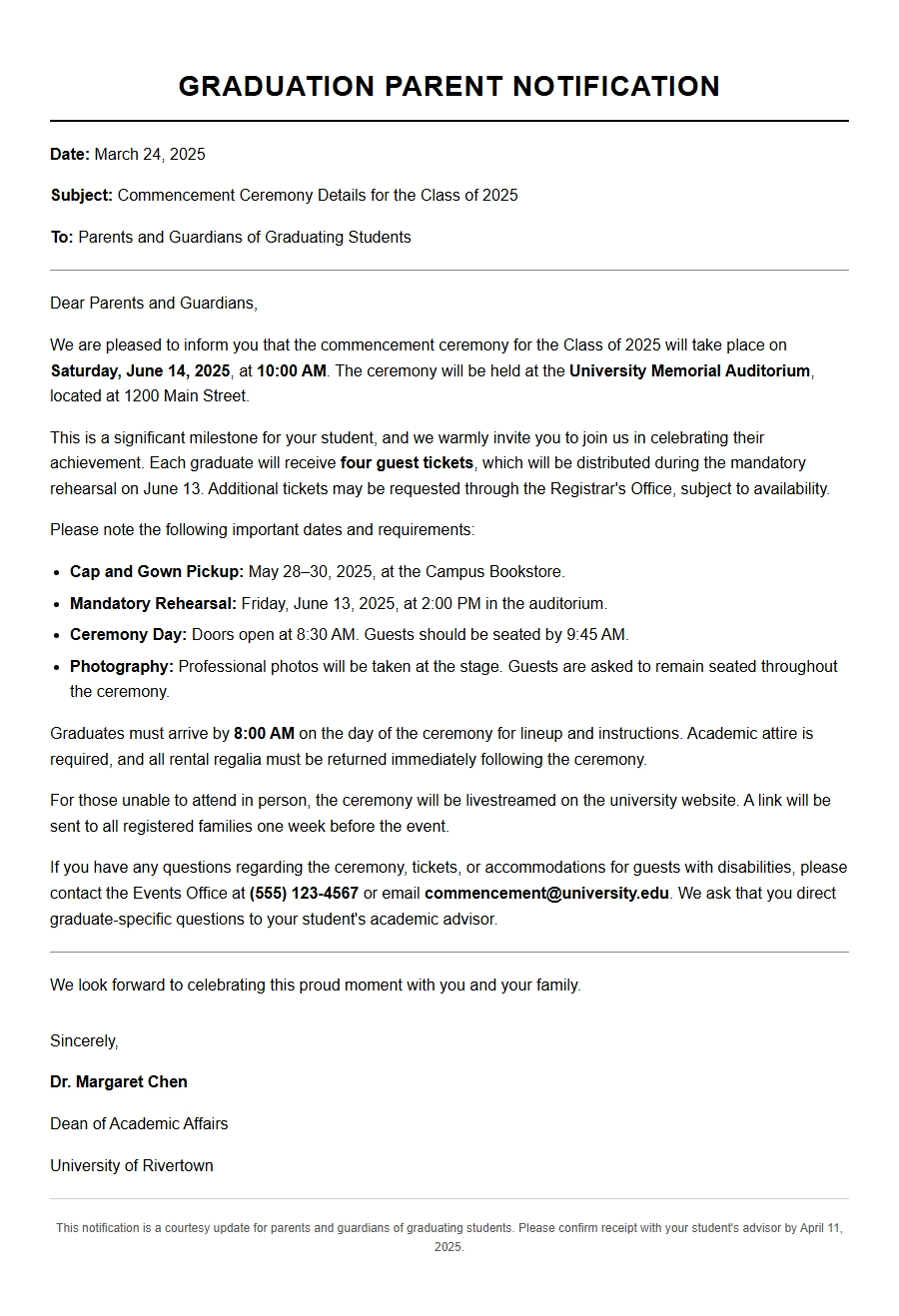Graduation Parent Notification Letter Sample