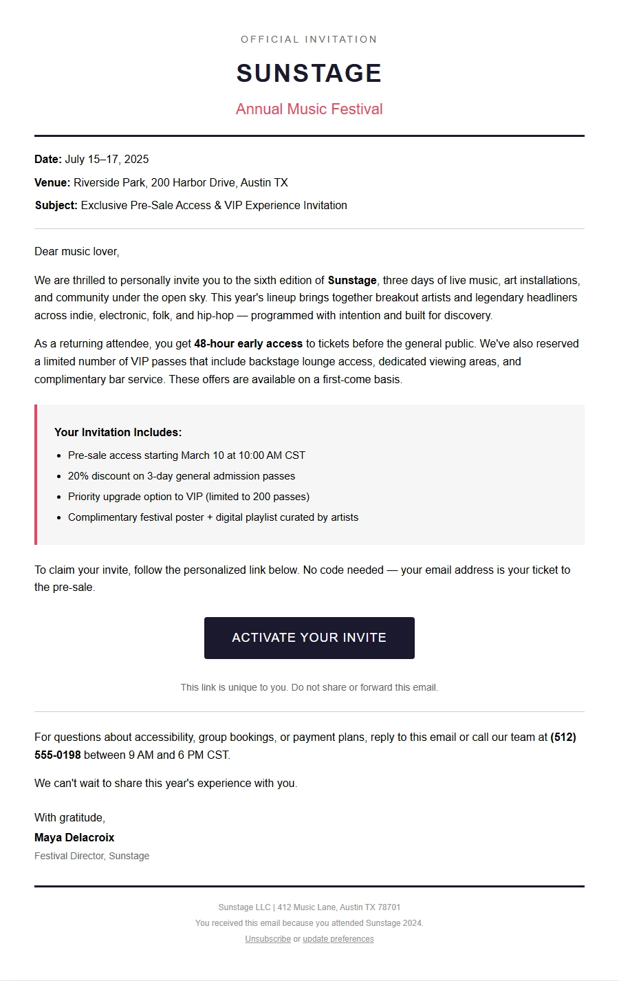 Sample Music Festival Attendee Invite