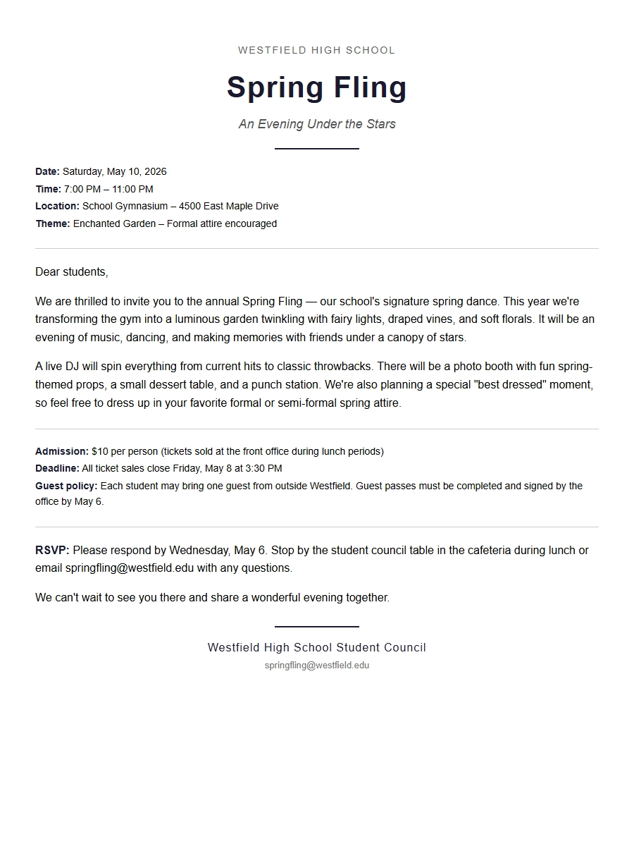 Spring Dance Invitation Sample Draft