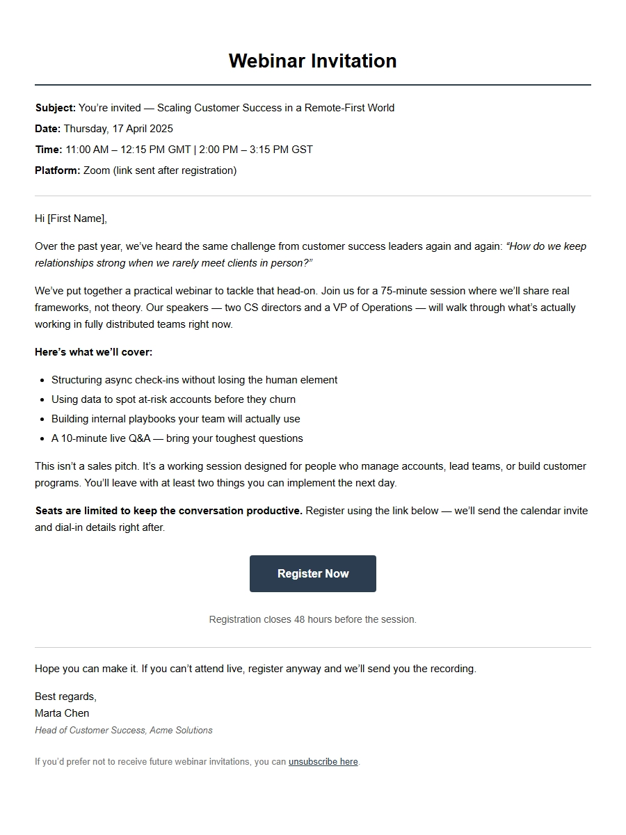sample invitation email for corporate webinar - Invitation Letters