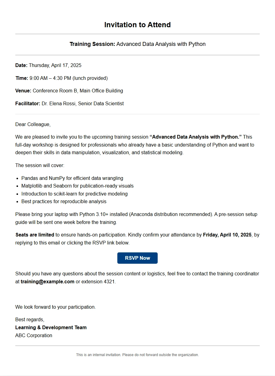 Sample Invitation for Training Session Attendees