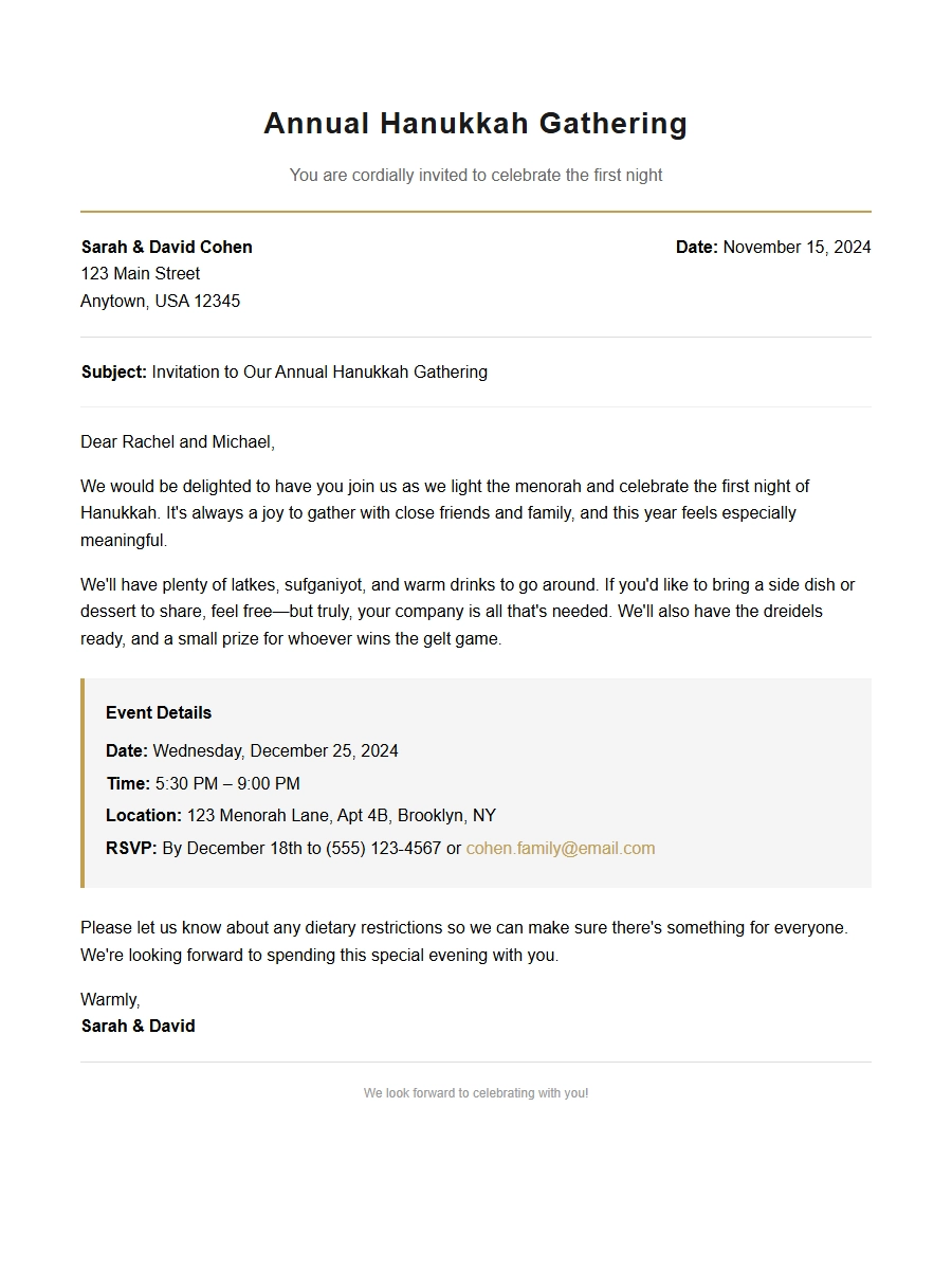 Write a Sample Letter for a Hanukkah Gathering Invite