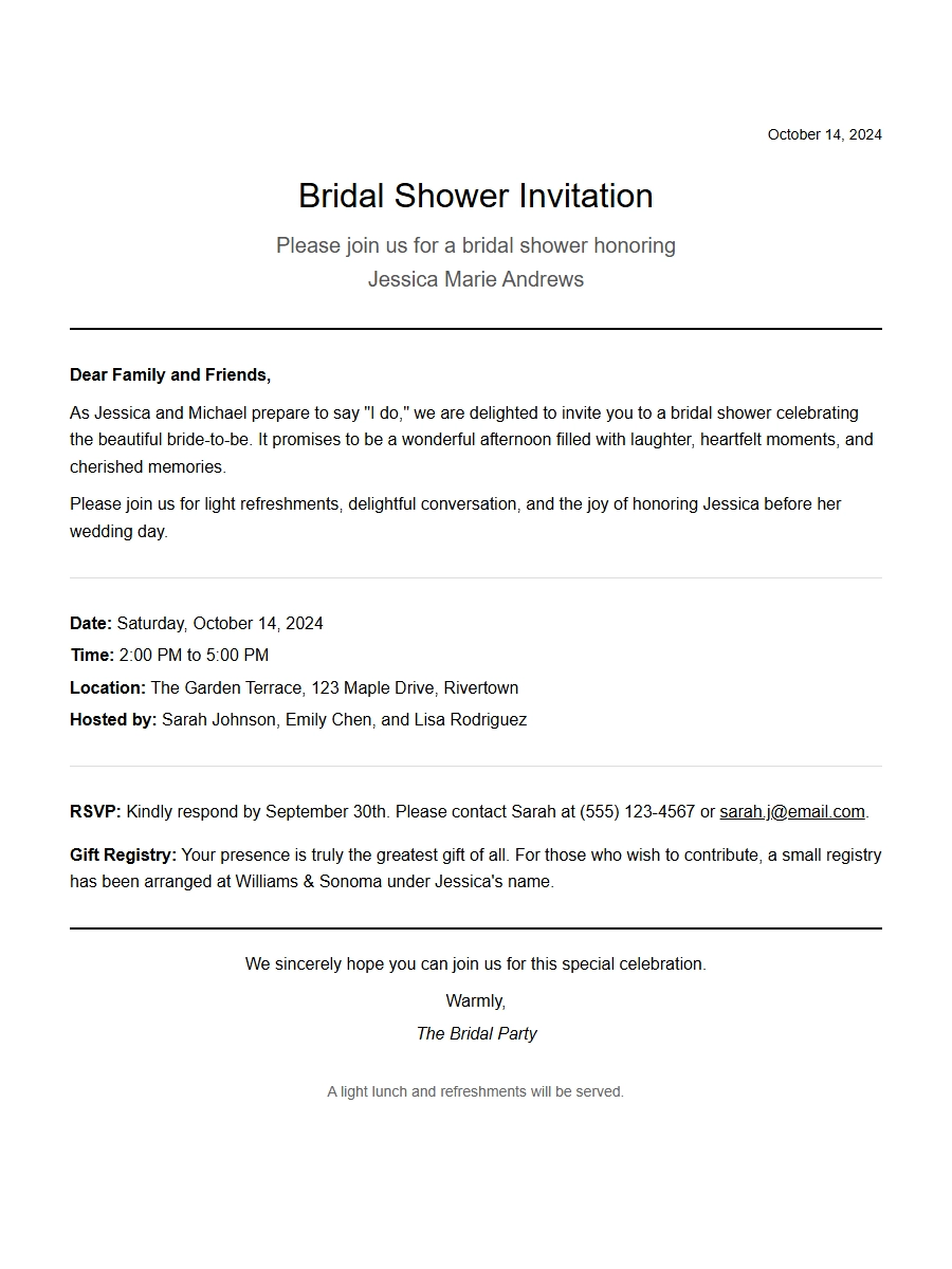 Bridal Shower Invitation Letter Sample Wording
