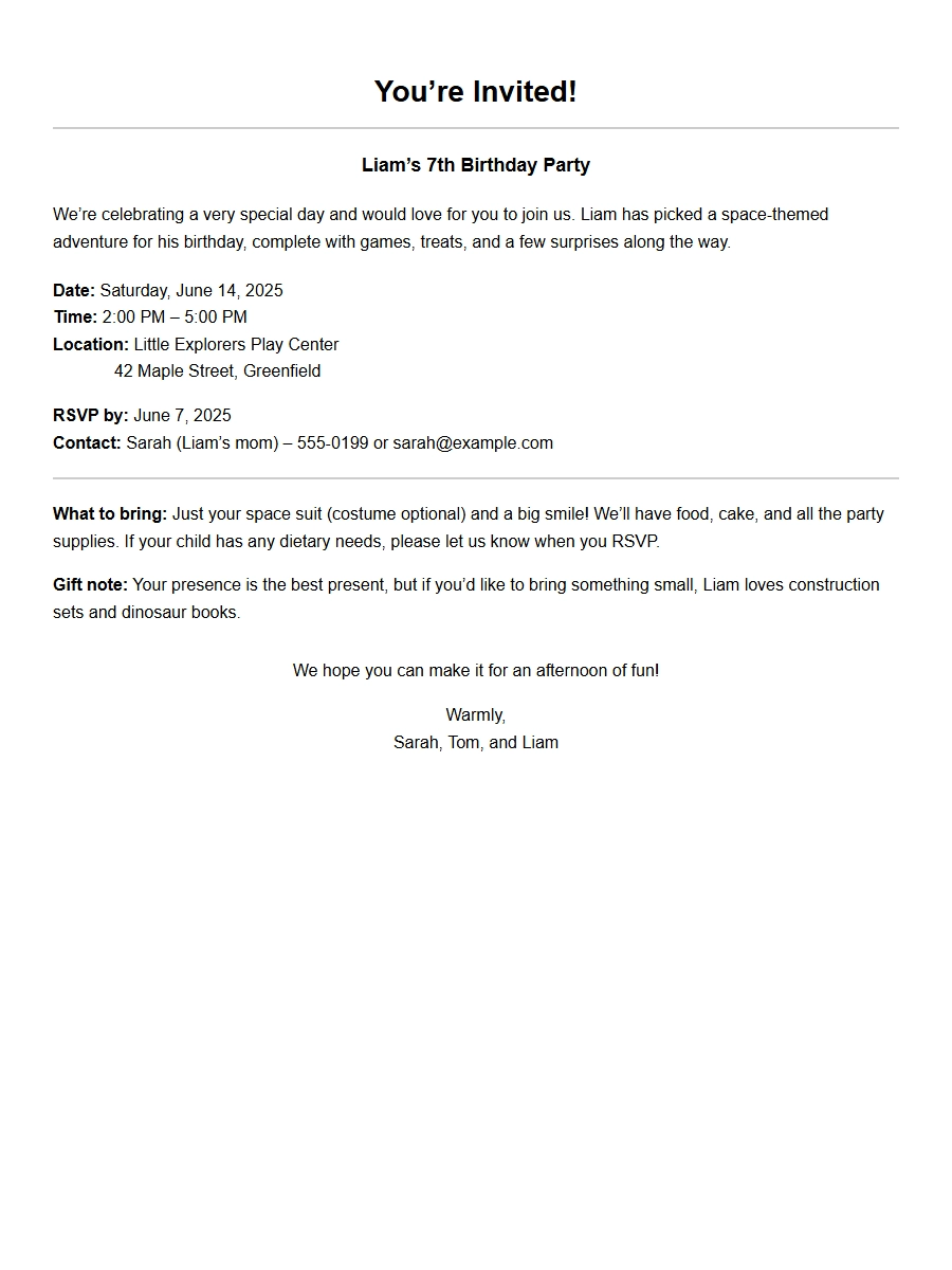 Sample wording for child birthday party invite