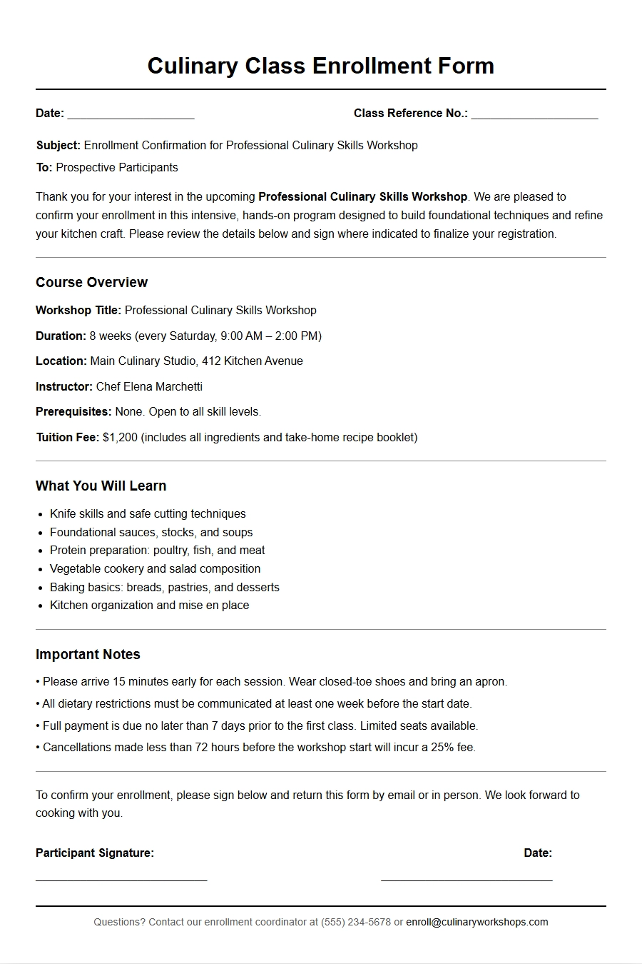 Culinary Class Enrollment Letter Samples