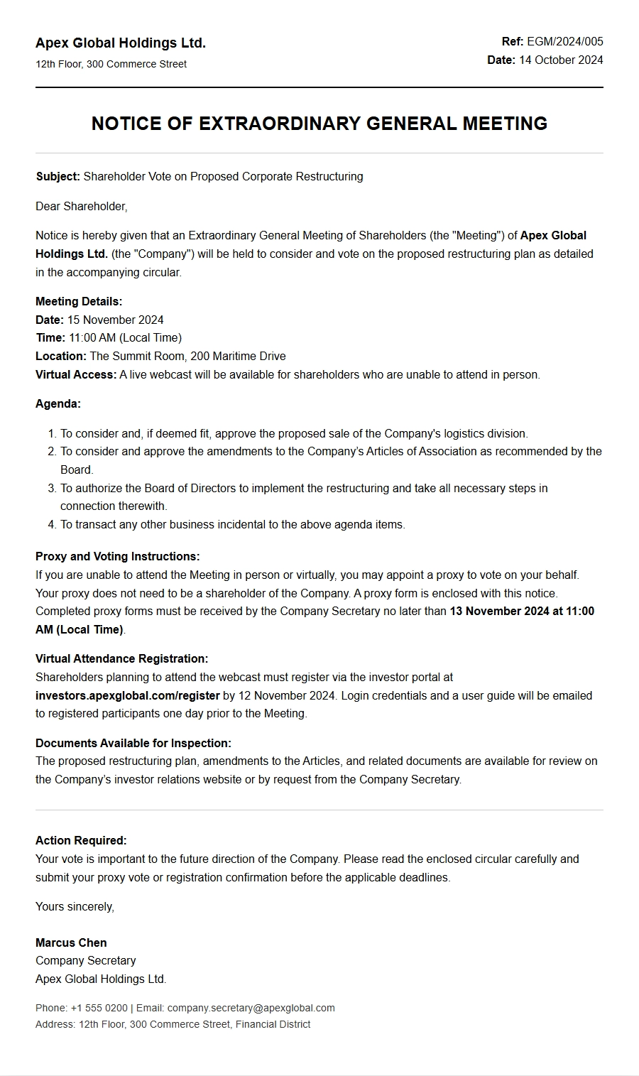 sample wording for shareholder assembly call - Invitation Letters