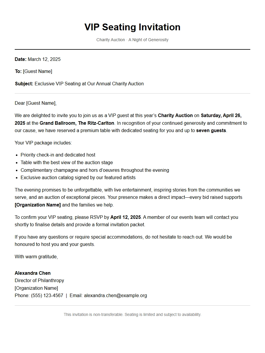 Charity Auction VIP Seating Invitation Wording
