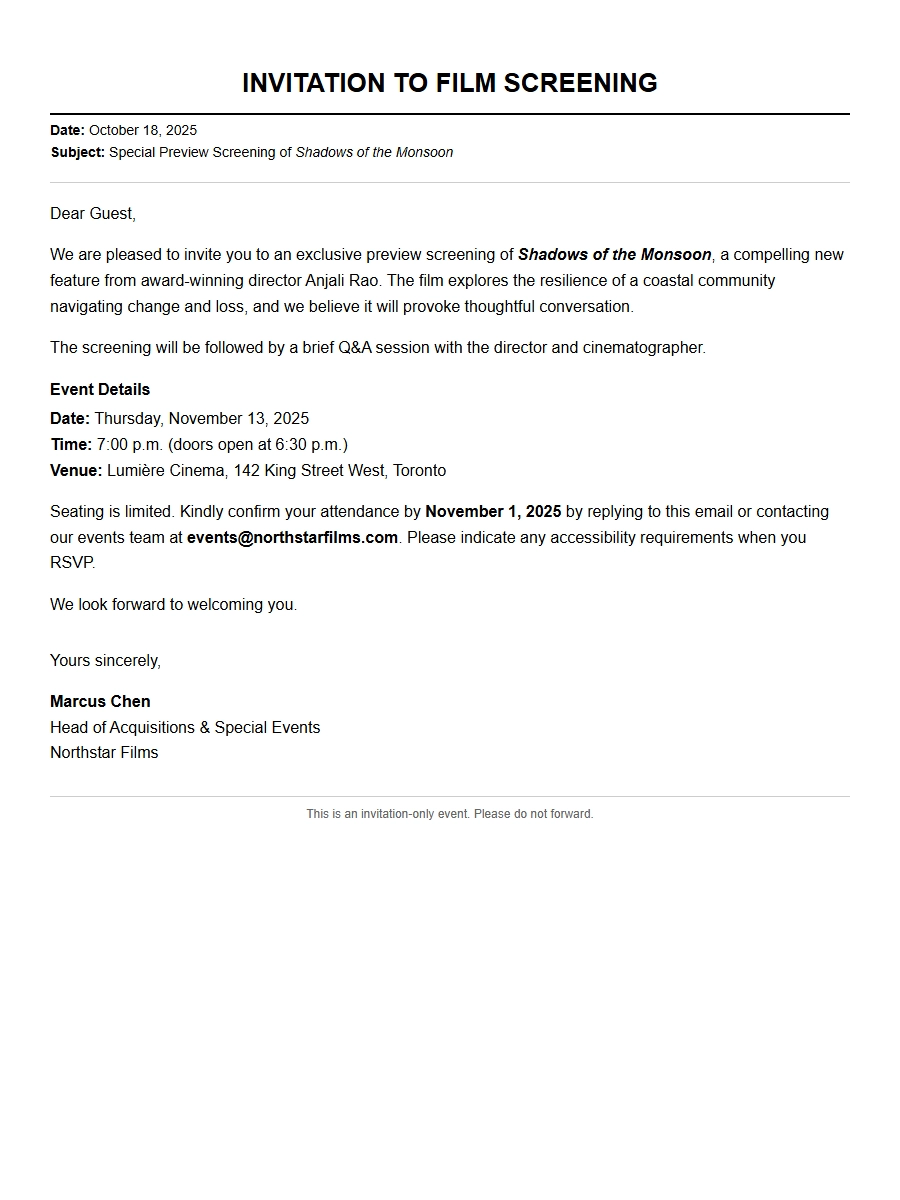 Film Screening Invitation Wording for Audience