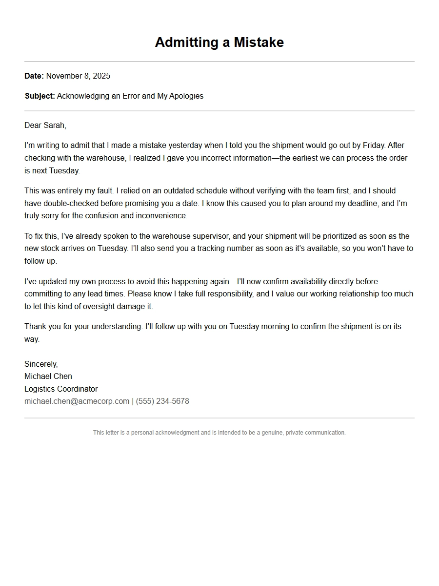 Example of Admitting Mistakes in a Personal Letter