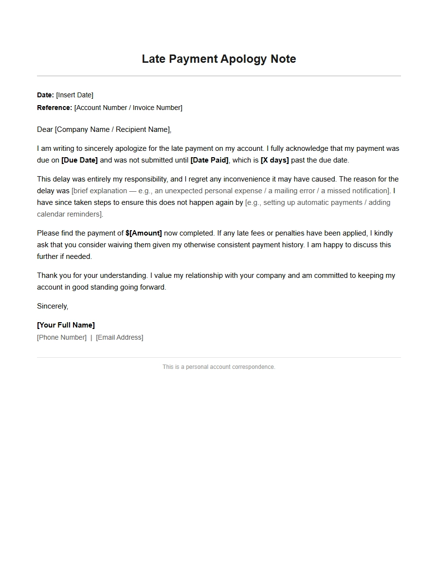 Apology Letter for Late Payment on Personal Account
