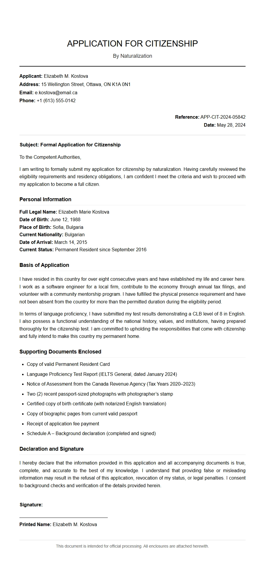 Applying for Citizenship Documentation Example Letter