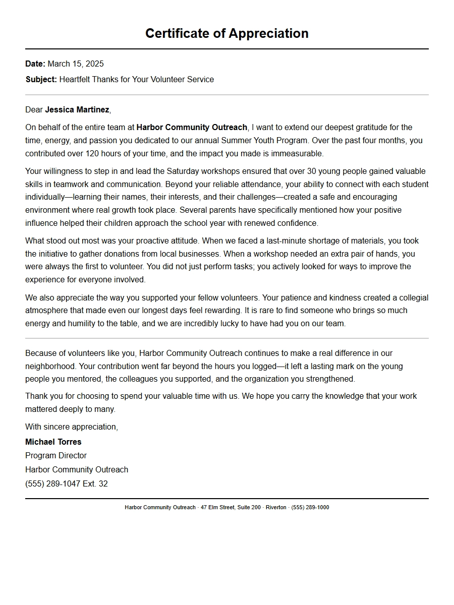 Appreciation Letter for Volunteer Work Example