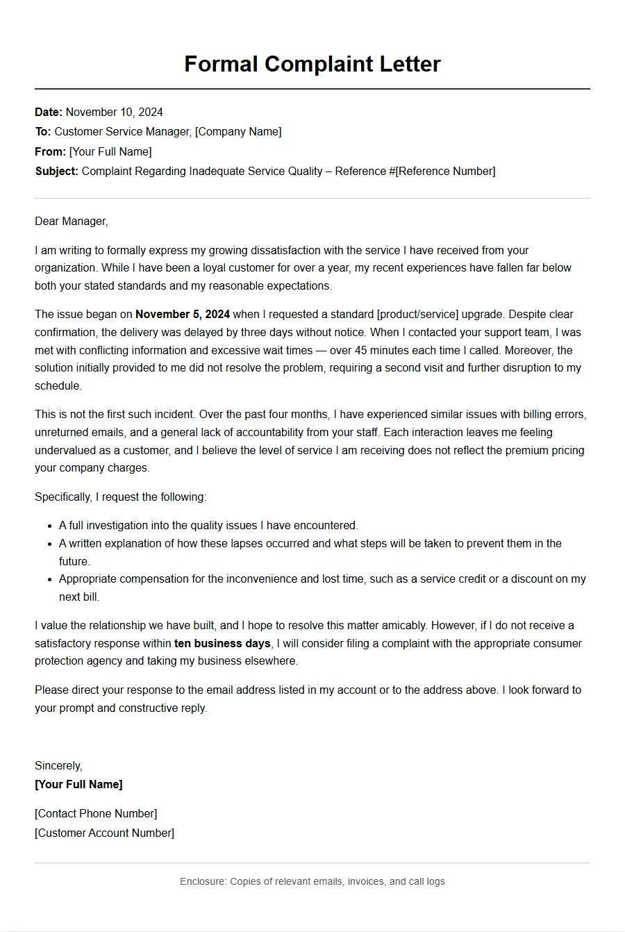 Complaint Letter for Poor Service Quality