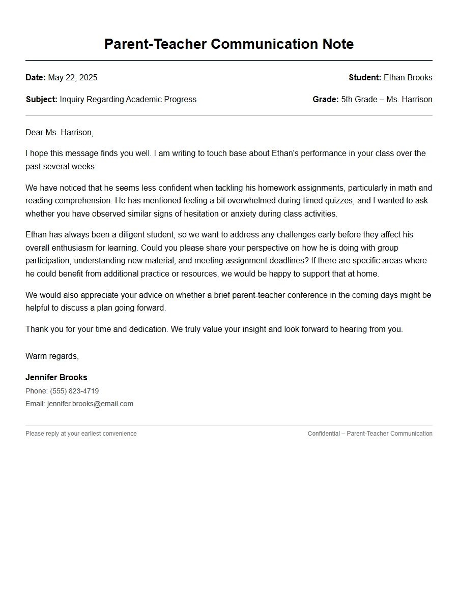 Sample Note to Discuss Your Child’s Progress with a Teacher