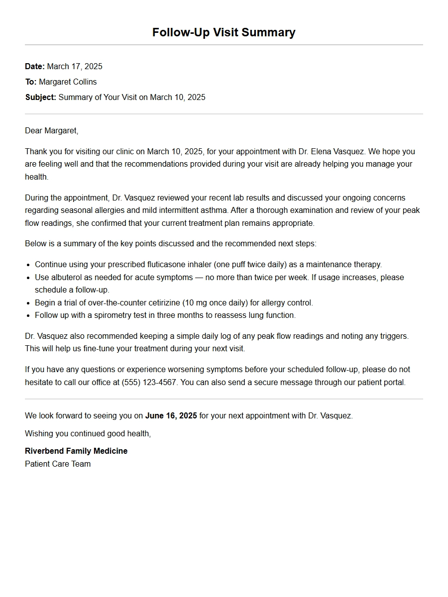 Doctor Visit Follow-Up Letter Example