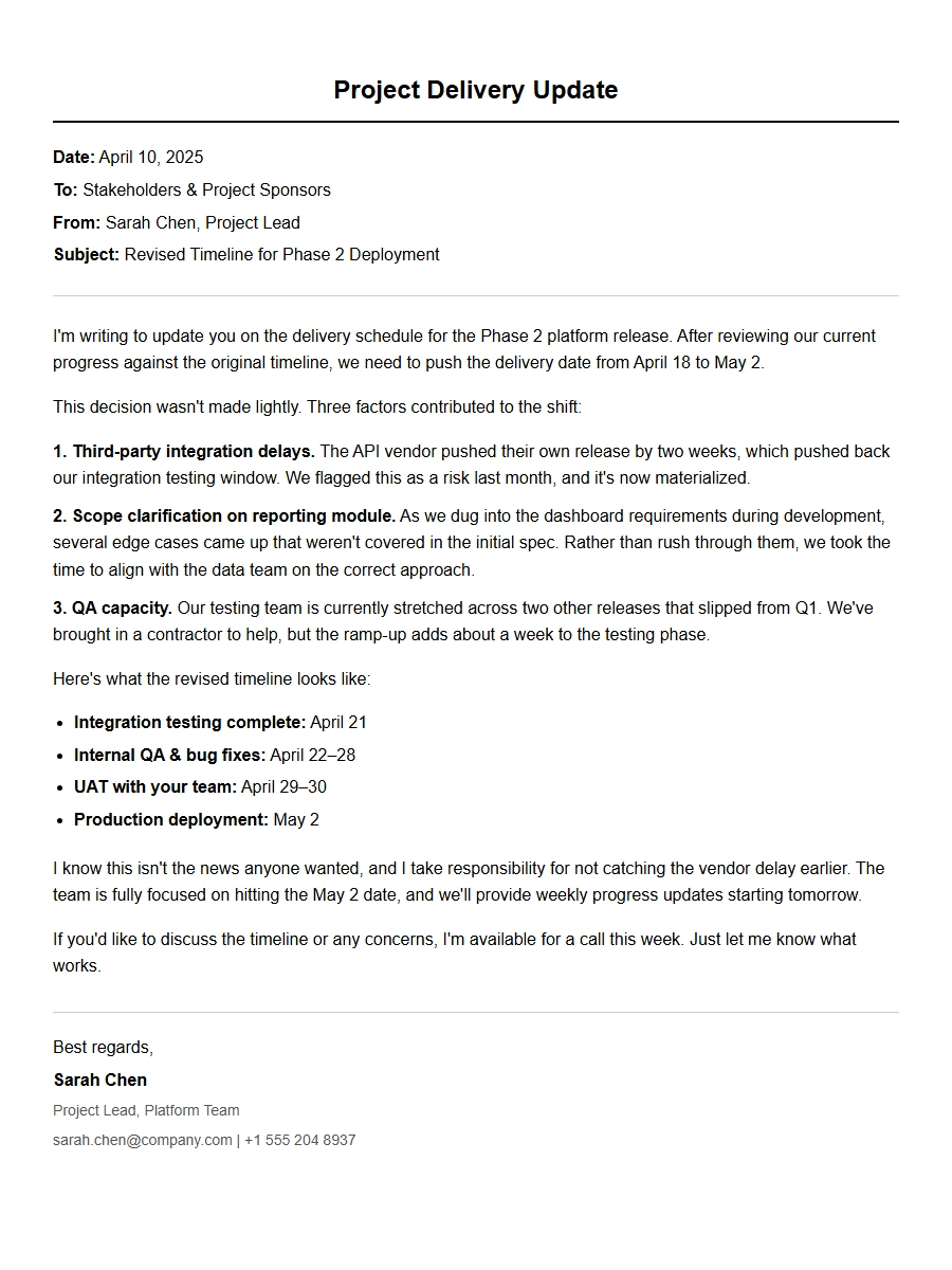 Personal Letter Explaining Project Delay
