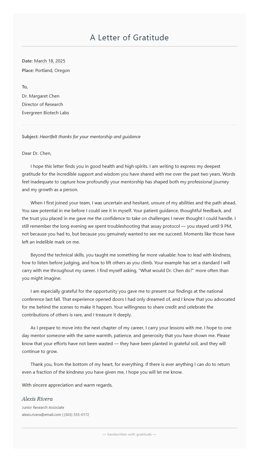 Expressing Gratitude: Handwritten Letter Example