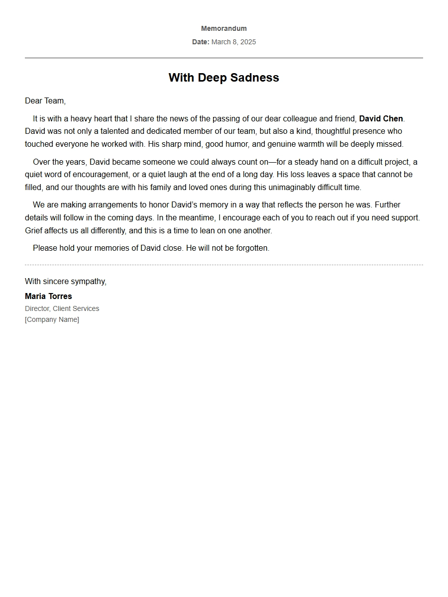 expressing sorrow over death of colleague personal - Personal Letters