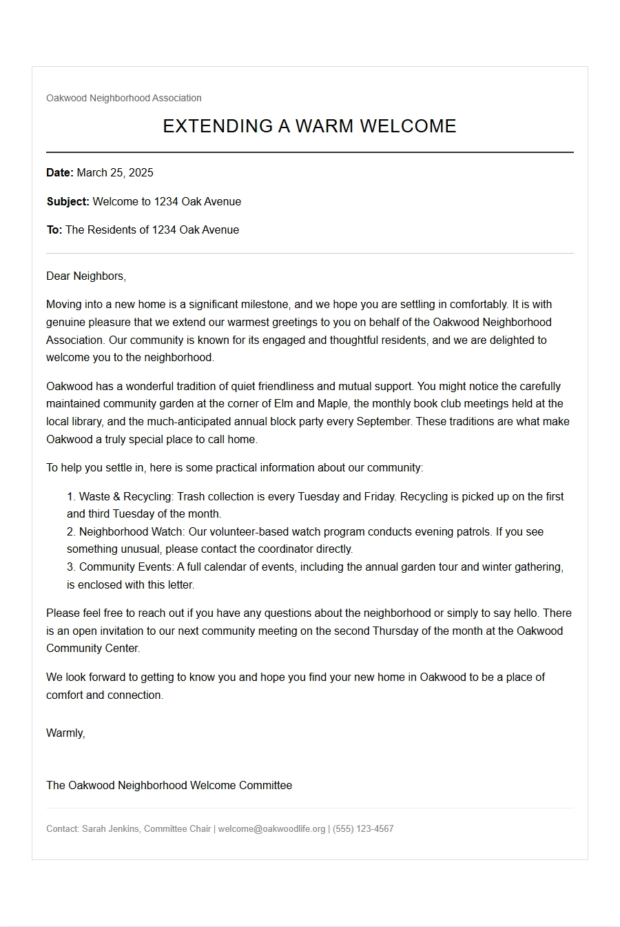 A Warm Welcome Letter for New Neighbors