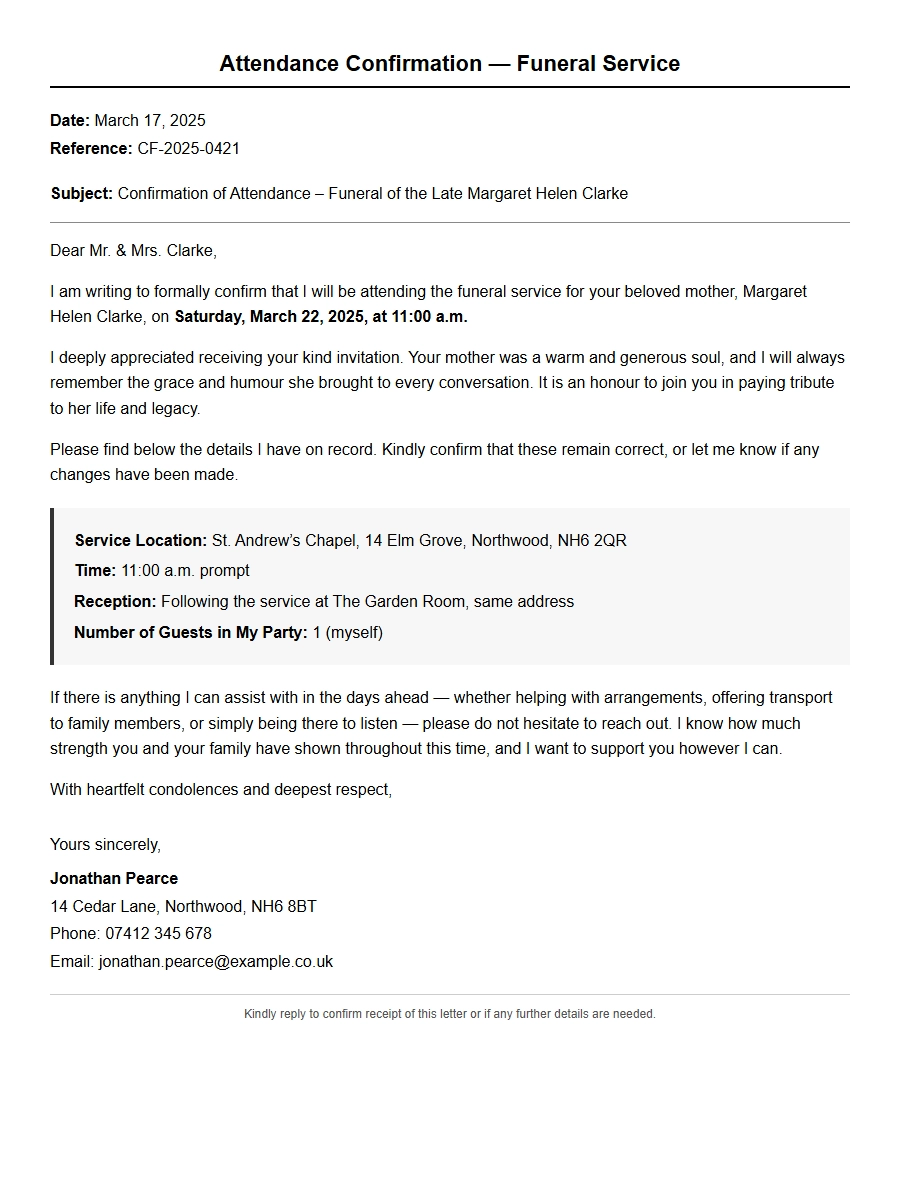 Funeral Attendance Confirmation Letter Example