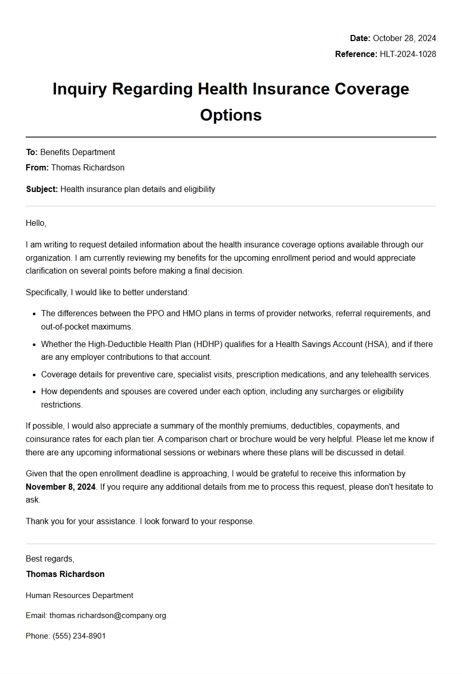 Letter Asking About Health Insurance Coverage Options