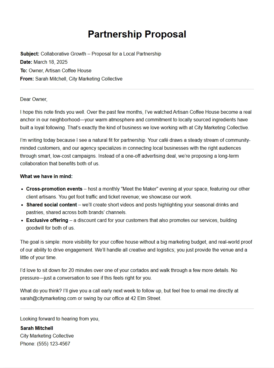 partnership proposal to small local business - Personal Letters